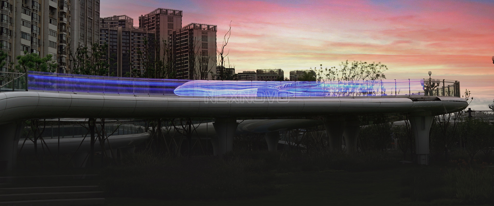 Transparent LED glass railing on an overpass