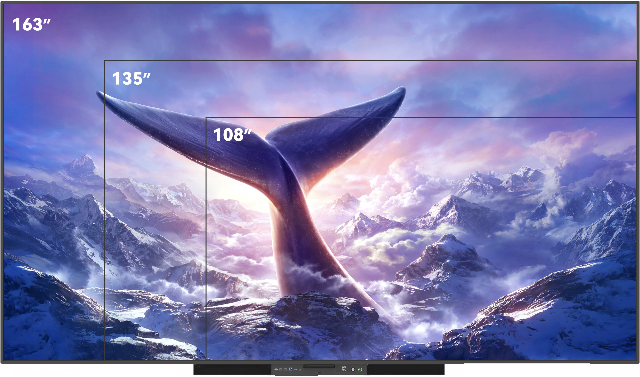 E-TV COB available sizes diagram showing 110, 138, and 165 inch options