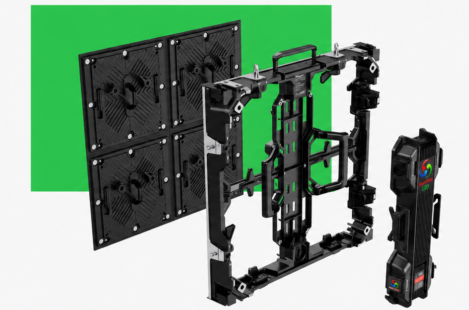 Exploded view of modular cabinet with magnetic LED modules for front and rear maintenance