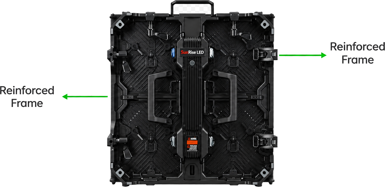 RN Series cabinet rear with reinforced frame and center-mounted handle, callouts highlighting the reinforced frame on both sides