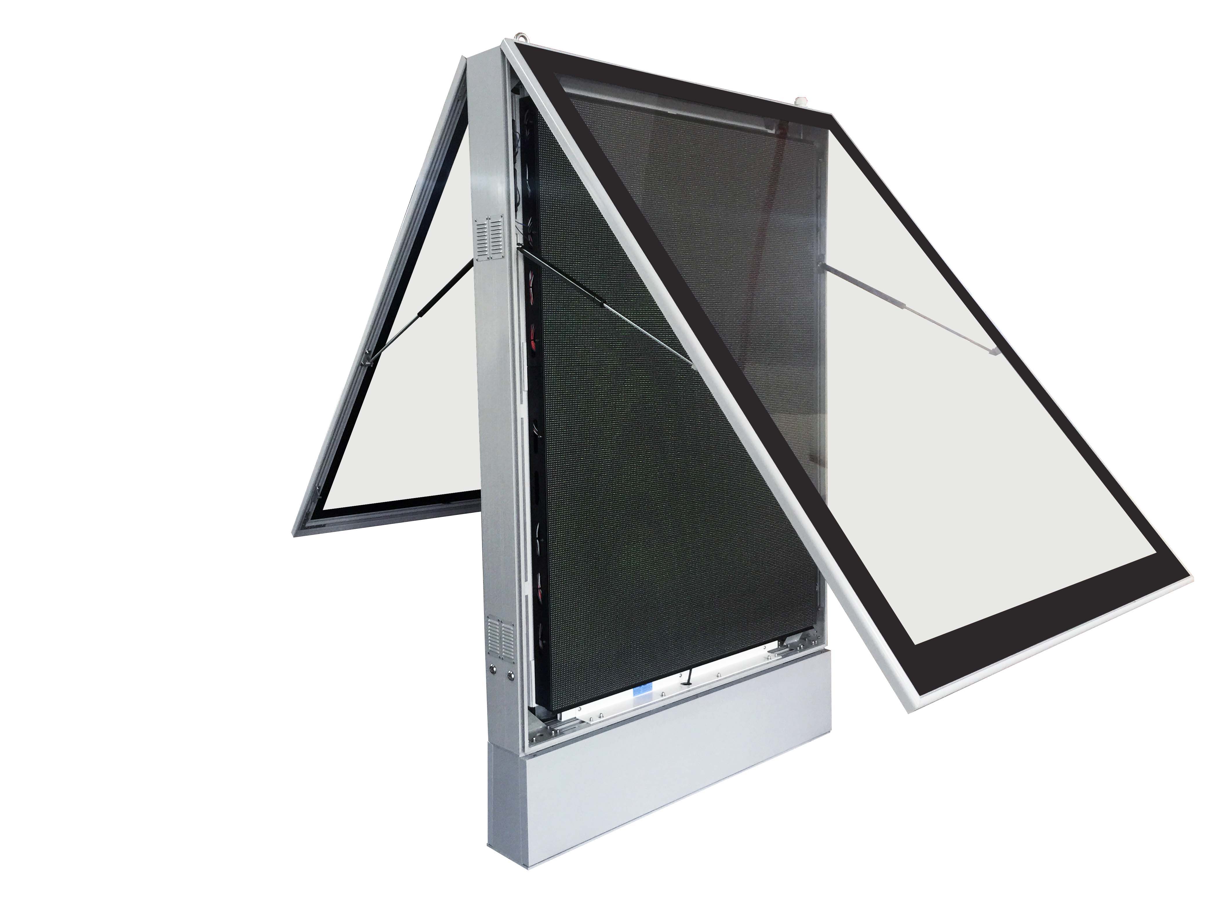 Versa Poster Outdoor with both cover panels open showing aluminum cabinet and hydraulic arms