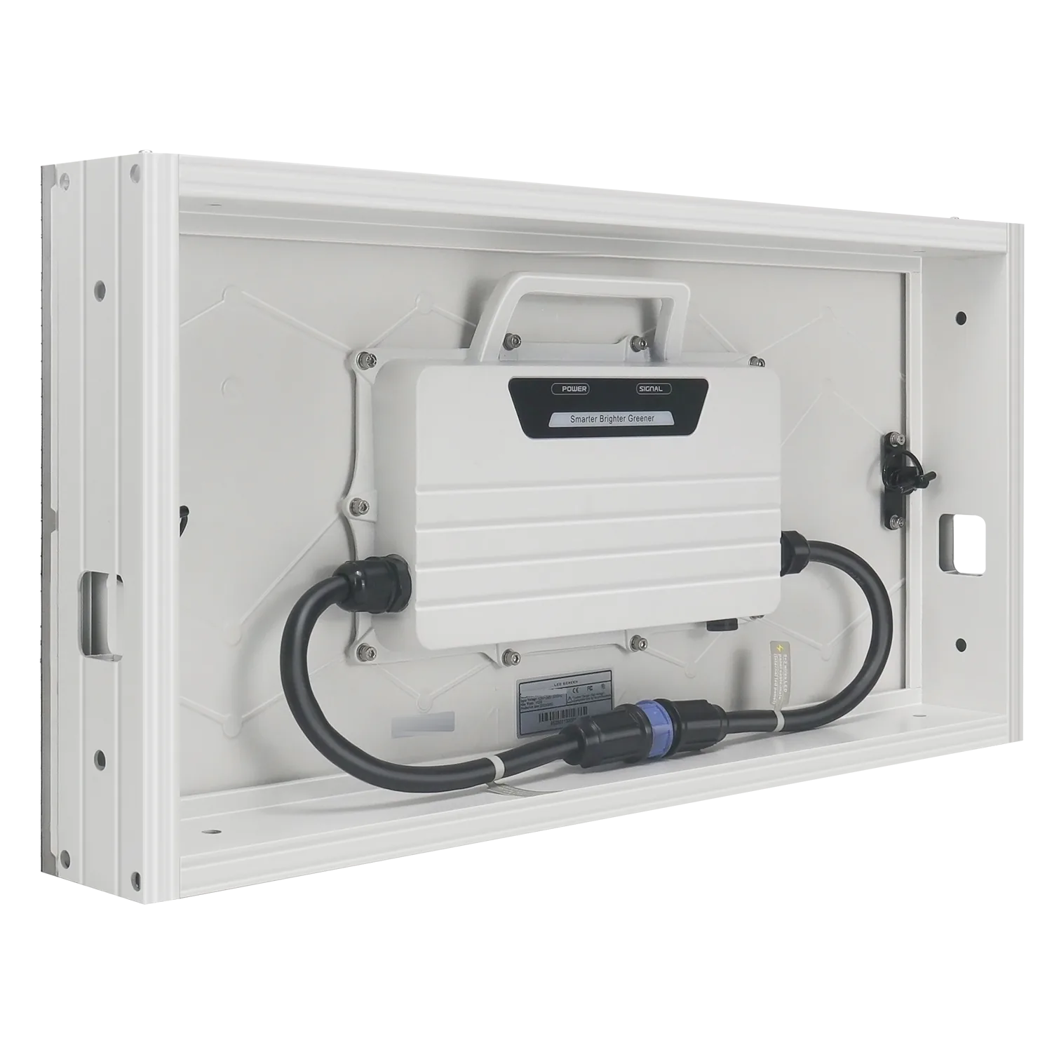 A VEM panel sitting in its aluminum frame, seen from the back — how each one comes out of the box