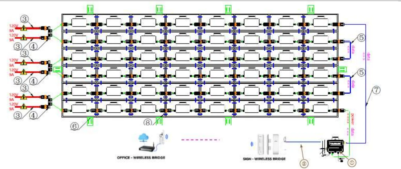 Power and data wiring, back view, 8 by 6 example